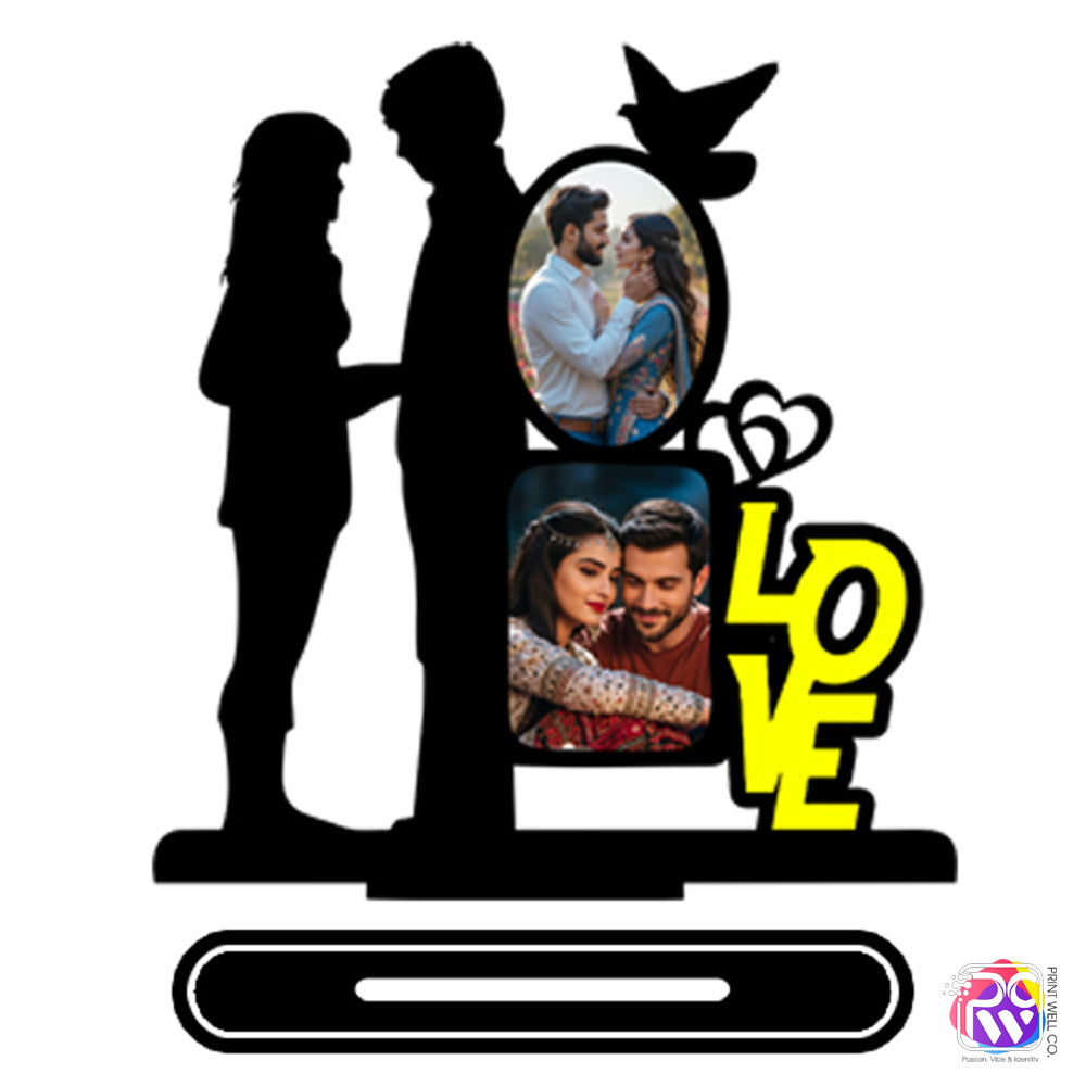Customized “LOVE” Tabletop Photo Frame – Personalized Wooden Frame with Couple Silhouette & Dual Photo Slots