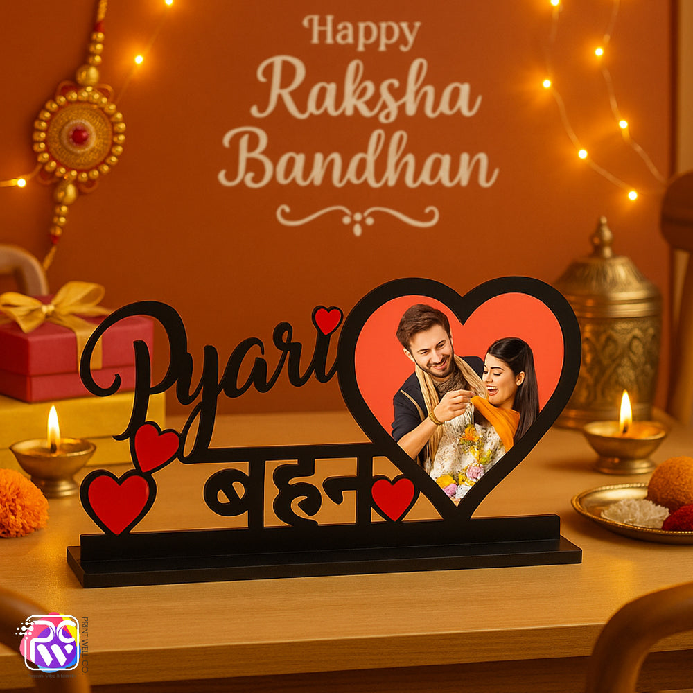 Customized “Pyari Behan” Tabletop Photo Frame – Personalized Wooden Frame with Red Heart & Hindi Text