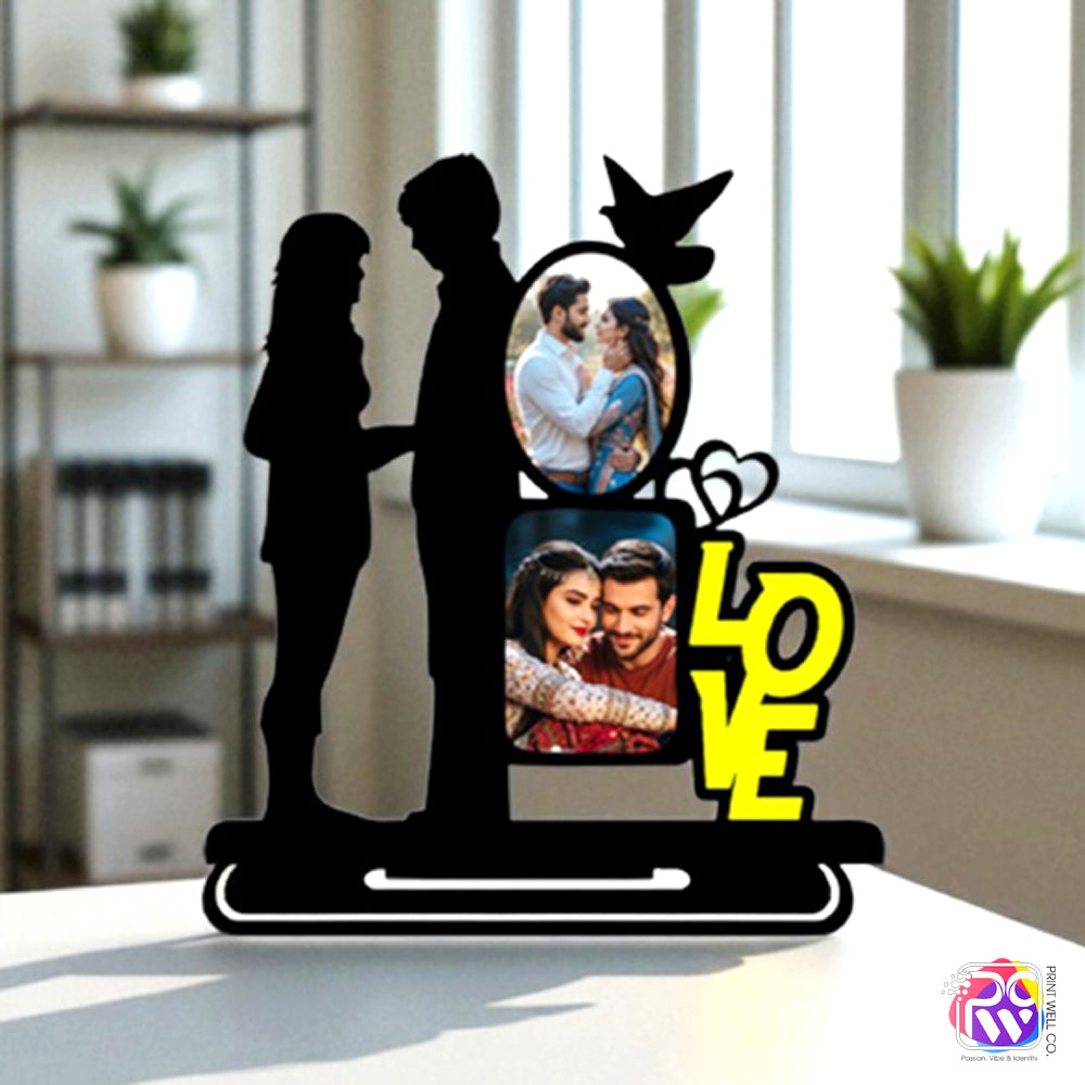 Customized “LOVE” Tabletop Photo Frame – Personalized Wooden Frame with Couple Silhouette & Dual Photo Slots