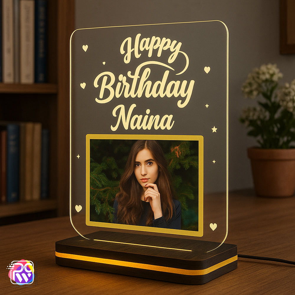 Customized Happy Birthday Acrylic Lamp with Photo & Name | Personalized LED Gift