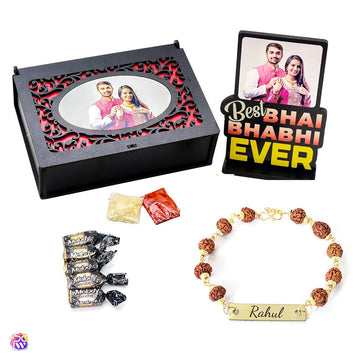 Personalized Bhai Bhabhi Rakhi Gift Hamper with Standee & Chocolates