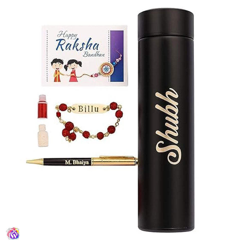 Personalized Vacuum Flask, Pen & Rudraksha Rakhi Gift Combo