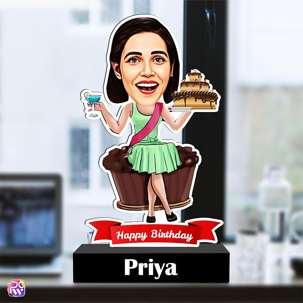 Personalized Birthday Girl Caricature Standee with Cake & Name