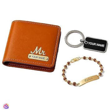 Personalized Wallet, Keychain & Rudraksha Rakhi Gift Combo