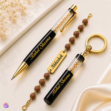 Personalized Premium Gift Set with Name Pen, Keychain & Rudraksha Rakhi