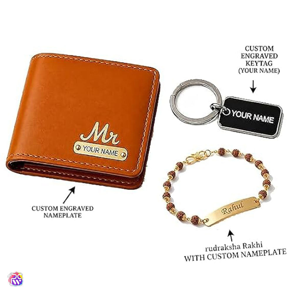 Personalized Metal & Rudraksha Rakhi with Wallet & Keychain Gift Combo