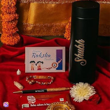 Personalized Vacuum Flask, Pen & Rudraksha Rakhi Gift Combo