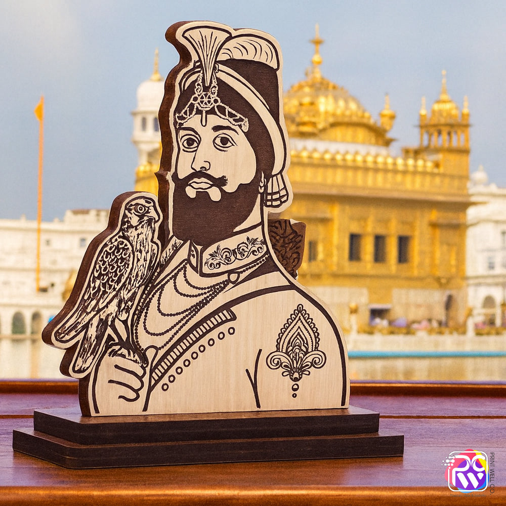 Guru Gobind Singh Ji Wooden Tabletop – Spiritual Engraved Décor Symbolizing Strength & Wisdom