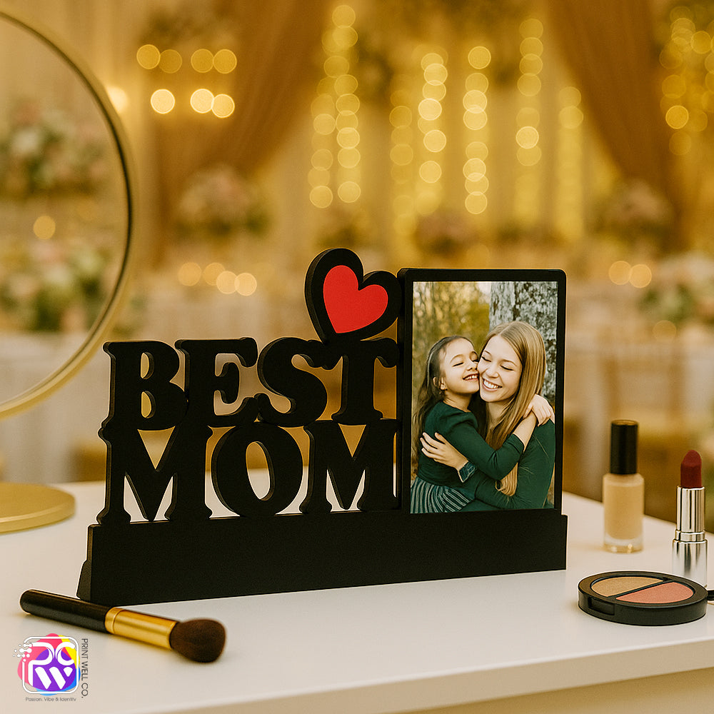 Customized “Best Mom” Tabletop Photo Frame – Personalized Wooden Frame with Red Heart