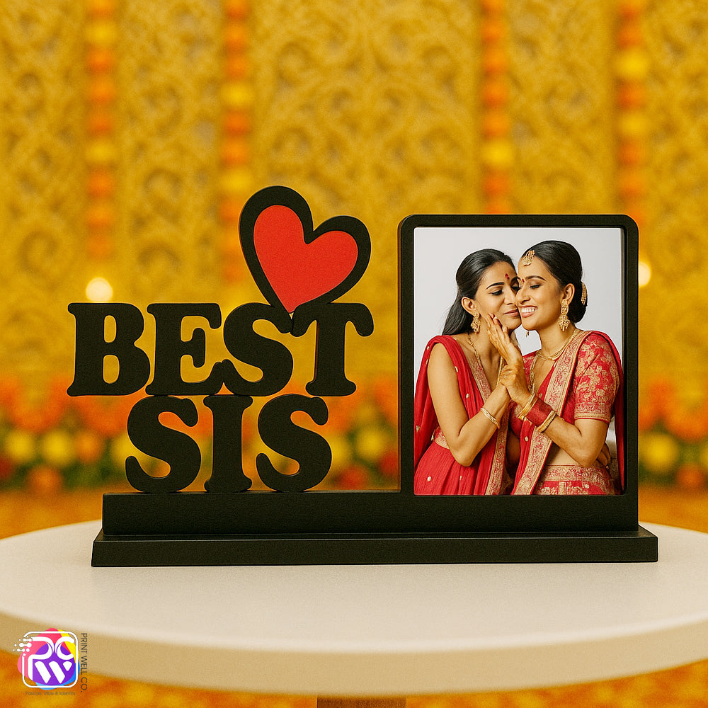 Customized “Best Sister” Tabletop Photo Frame – Personalized Wooden Frame with Red Heart