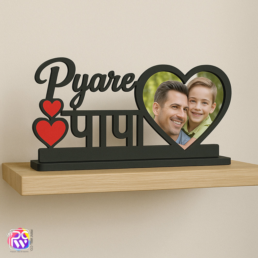 Customized “Pyare Papa” Tabletop Photo Frame – Personalized Wooden Frame with Red Heart & Hindi Text
