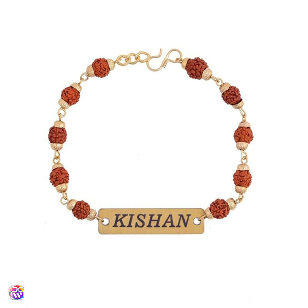 Personalized Metal & Rudraksha Name Rakhi with Bottle Gift Combo